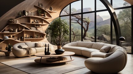 A round-shaped sofa and armchair near an ellipse wooden coffee table define the Japandi interior design of the modern living room