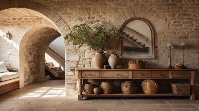 A rustic console table and a wooden arched door are featured in a hallway with a stone-tiled floor, defining the interior design of the modern rustic entrance hall in a farmhouse