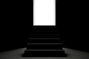 Stairway to lighted exit in a dark room. concept of a way to success, planning for progress towards a bright future. with copy space and business design. 3D rendering