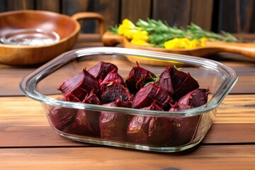 oven-roasted beets in a bake-safe glass dish with lid on a wooden surface - Powered by Adobe