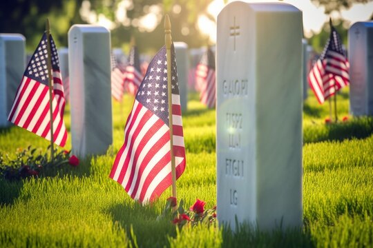 Military Headstones and Gravestones Decorated With Flags for Memorial Day.