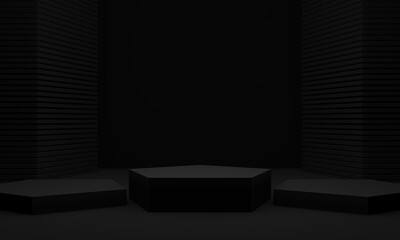 3D black podium. Black geometric shape background.