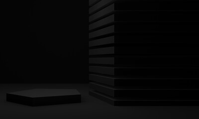 3D black podium. Black geometric shape background.