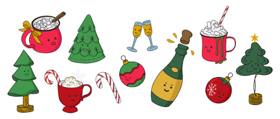 Cute kawaii Christmas holiday decoration and drinks. Collection of vector flat winter holiday elements in cartoon style. Funny isolated christmas trees, drinks, balls. Ideal for stickers, pattern
