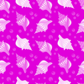 Colorful seashell and bubbles cartoon seamelss pattern. Vector illustration