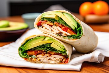 subway style sandwich with avocado and turkey in a napkin - obrazy, fototapety, plakaty