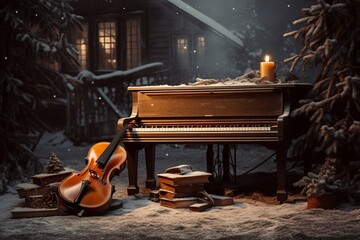 Winter colors and music, green tree, snow covered ground, outdoor violin and piano. - obrazy, fototapety, plakaty