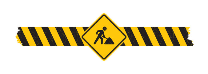 Vector yellow sign - black silhouette figure with a shovel and safety tape - roadwork. Isolated on white background. © Jan