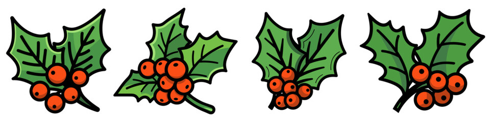 Christmas holly berry leaves icon. Cartoon Christmas icons set.
