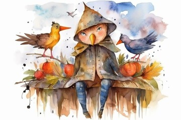 Adorable scarecrow with birds on arms in rainy night, painted with watercolors. Generative AI