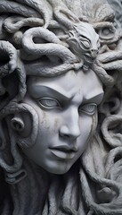 Portrait of cyborg medusa close up carved in marble.