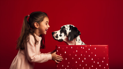 Mała dziewczynka cieszy się na widok psa w pudełku prezentowym - obrazy, fototapety, plakaty