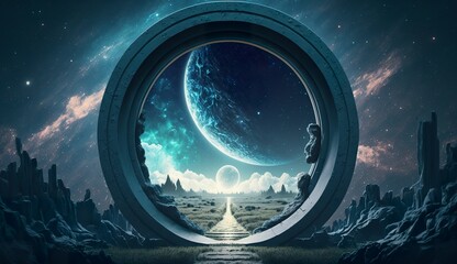 Portal to another world. Futuristic cosmic landscape with circle tunnel in starry sky.