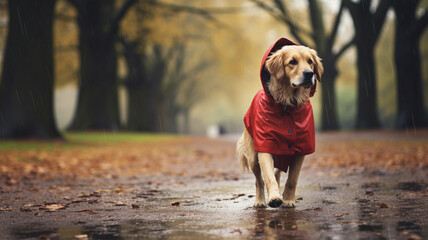 Pies golden retriever idzie w czerwonej kurtce podczas jesieni - obrazy, fototapety, plakaty