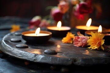 details of burning aromatic candles on a stone plate