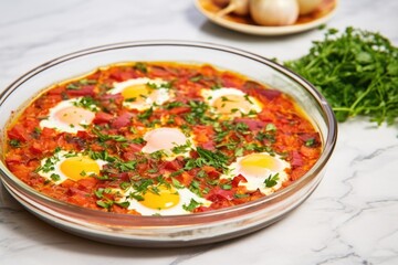 shakshuka in a transparent dish on a marble countertop