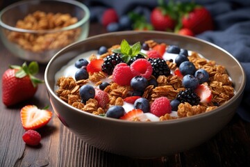 a bowl full of healthy granola topped with berries