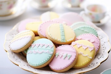 a plate of assorted easter biscuits with pastel icing