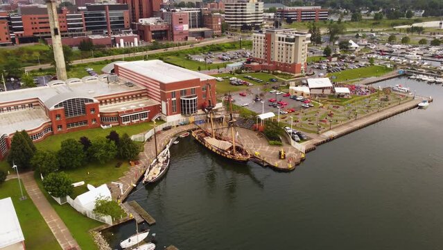 Drone shot of the Flagship Niagara from The Battle of Lake Erie docked at the Maritime Museum in Erie Pennsylvania.