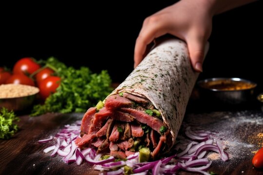 hand sprinkling spices onto raw shawarma meat