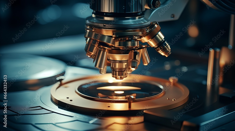 Poster macro view of microscopy: close-up shot capturing the details of a microscope with metal lens