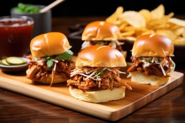 bbq pork sliders on mini artisan buns with a side of spicy chips - obrazy, fototapety, plakaty
