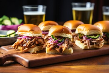 bbq pork sliders with pickles and red onions on a wooden board