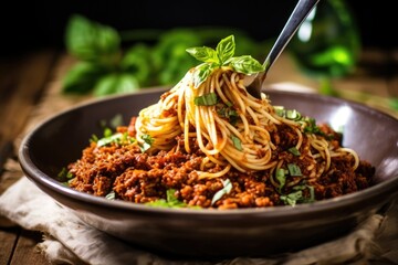 a bowl of spaghetti bolognese with a fork twirling pasta