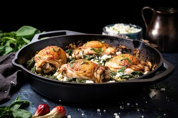 Fototapeta premium chicken stuffed with spinach and feta in a cooking pan