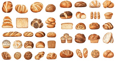watercolor painting style illustration of many type of bread isolated on white background, collection set, Generative Ai	
