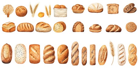 watercolor painting style illustration of many type of bread isolated on white background, collection set, Generative Ai	
