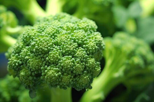 close-up of bright broccoli florets, rising steam