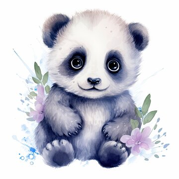 Watercolor fantasy Baby Panda clip art isolated white background.
