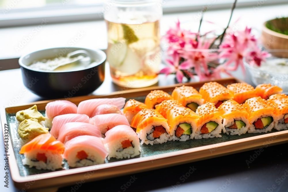 Sticker a tray of sushi next to a small bowl of pickled ginger