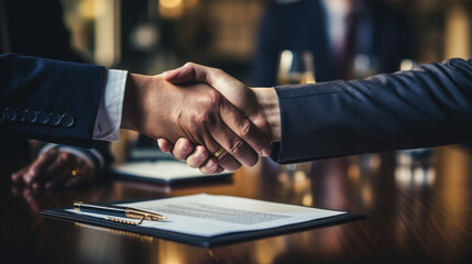 Contract signing: Close-up of hands after contract signing, with soft focus on documents and pen.