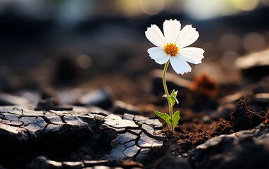A Tiny White Flower Breaking Through Dry Soil