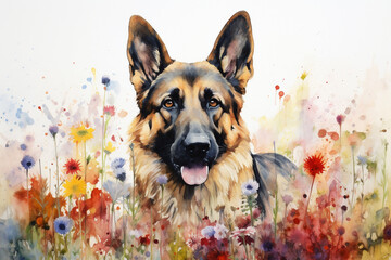 Watercolor painting of a cute german shepherd dog in a colorful flower field. Ideal for art print, greeting card, springtime concepts etc. Made with generative AI.
 - obrazy, fototapety, plakaty