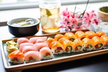 a tray of sushi next to a small bowl of pickled ginger