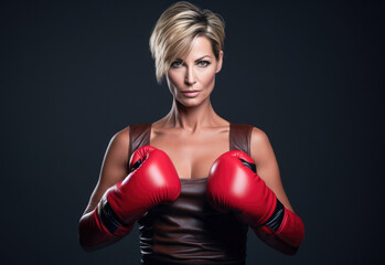 Portrait of a confident athlete woman posing in red boxing gloves isolated over black background. Concentrated face portrait. 