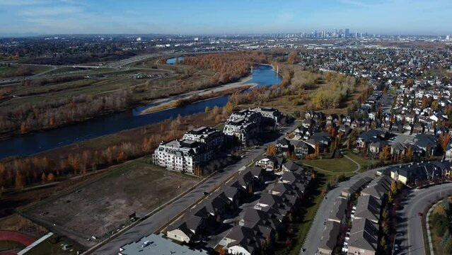 Quarry Park community midair view with Bow River and Deerfoot highway in the background