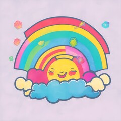 cute colorful rainbow with cloud line art doodle