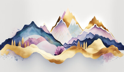 Abstract winter mountains watercolor painting. AI