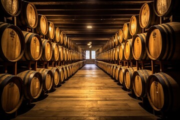 Wooden oak Port barrels in neat rows.