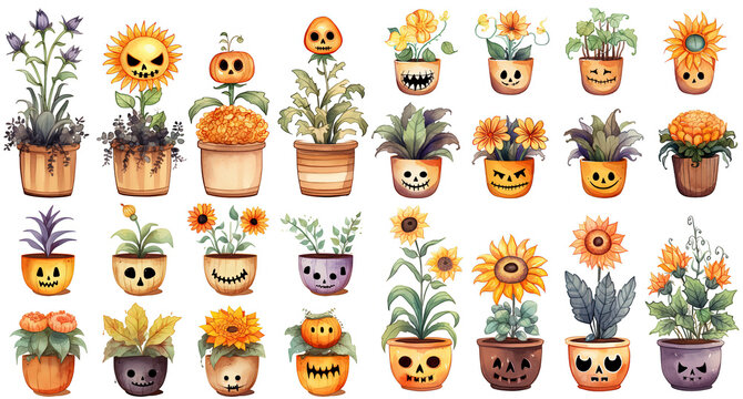 watercolor style illustration , Halloween pot plant isolated on white background, collection set, Generative Ai