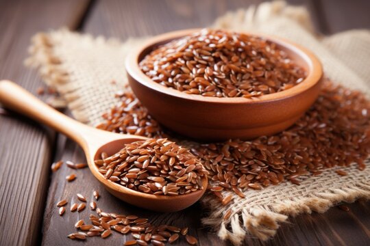 flax seeds in a wooden spoon on wooden table