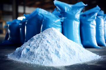 Chemical fertilizer Urea Stockpile white jumbo-bag. Heap or pile of salt granules of phosphorus fertilizers on chemical plant.  - obrazy, fototapety, plakaty