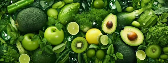 Banner layout of green fruits and vegetables. - obrazy, fototapety, plakaty