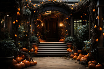 Modern house entrance with halloween decoration. Black house. Orange pumpkin and flowers autumn decor in front of doorstep