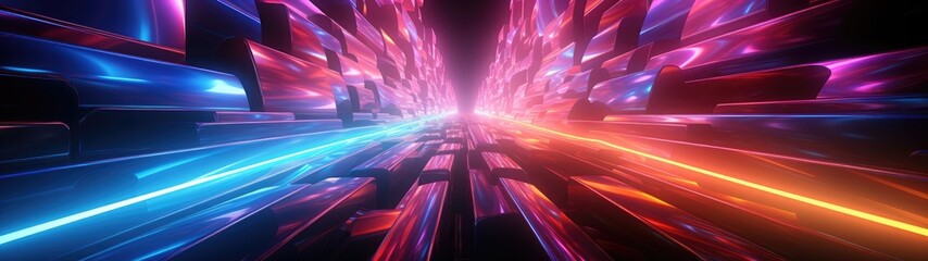 An abstract neon background adorned with ascending pink and blue glowing lines. A fantastic wallpaper featuring vibrant laser rays.