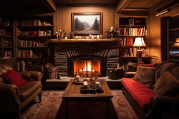 cozy fireplace in a wood-panelled den